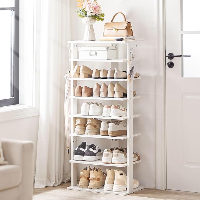HOOBRO Vertical Shoe Rack, 8 Tier Wooden Shoe Storage Organizer with Hooks, Narrow Shoe Tower for 16 Pairs, Space Saving, for