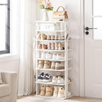 HOOBRO Vertical Shoe Rack, 8 Tier Wooden Shoe Storage Organizer with Hooks, Narrow Shoe Tower for 16 Pairs, Space Saving, for
