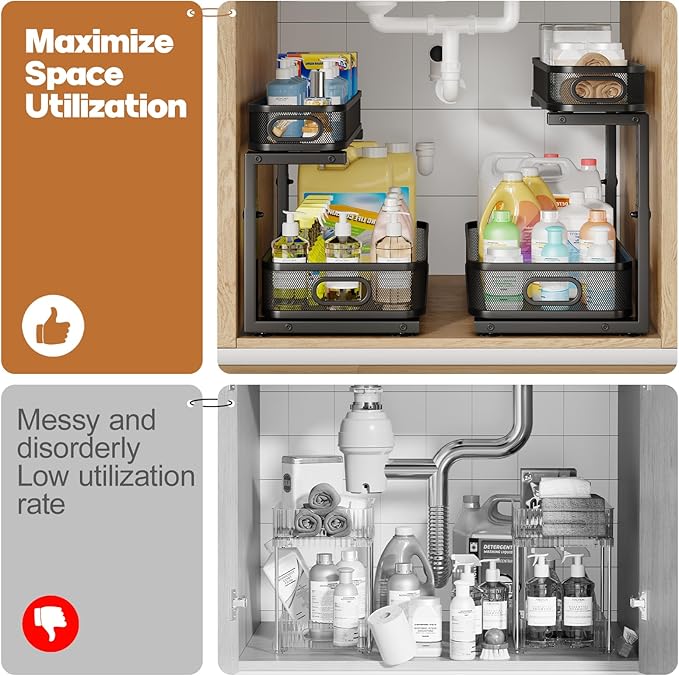 2 Pack 19.3IN-Depth Under Sink Organizer with Smooth Cylindrical Rail,2-Tier Pull Out Multi-Purpose Cabinet Storage for Bathr