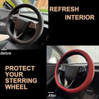 PINCTROT Nappa Leather Steering Wheel Cover for Tesla Model Y/3 Highland/Juniper, D Shaped 14 Inch Small Sized with Breathabl