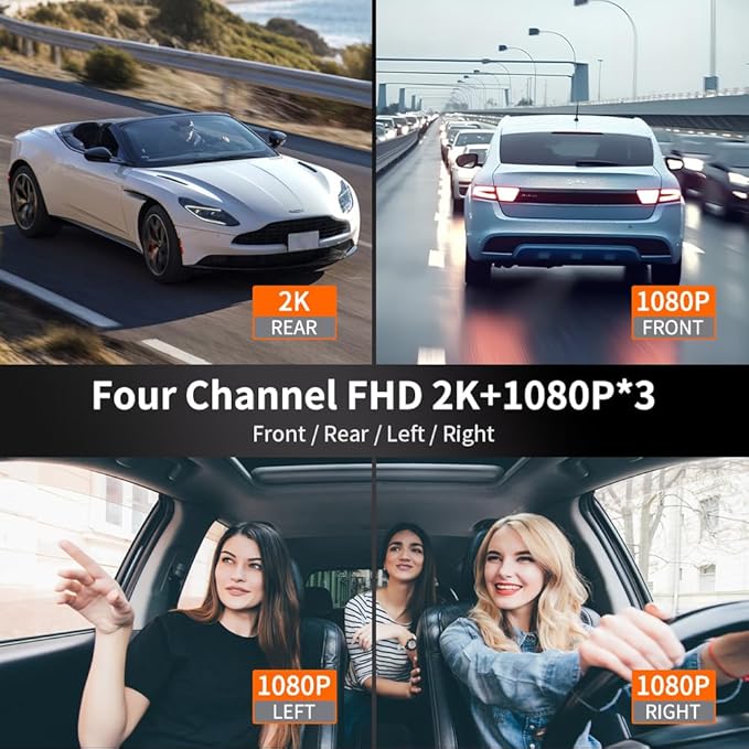 360° Dash Cam Front and Rear View 4 Channel Dash Camera FHD 2K+1080Px3 for Car, Inside/Back 170°+2x150°+170° Wide Angle, 8 IR
