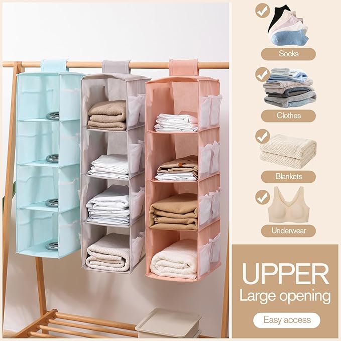 Hanging Closet Organizer, 4-Section Storage Shelves, Oxford Cloth with Mesh Pockets, (Pink, 3 Section)