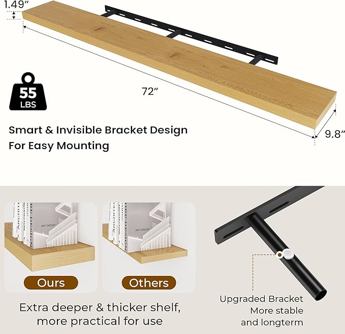 Dreamland 72 Inches Floating Shelves for Wall, 9.8" Deep Long Floating Shelves Set of 1, Large Display & Storage Shelf, Wall 