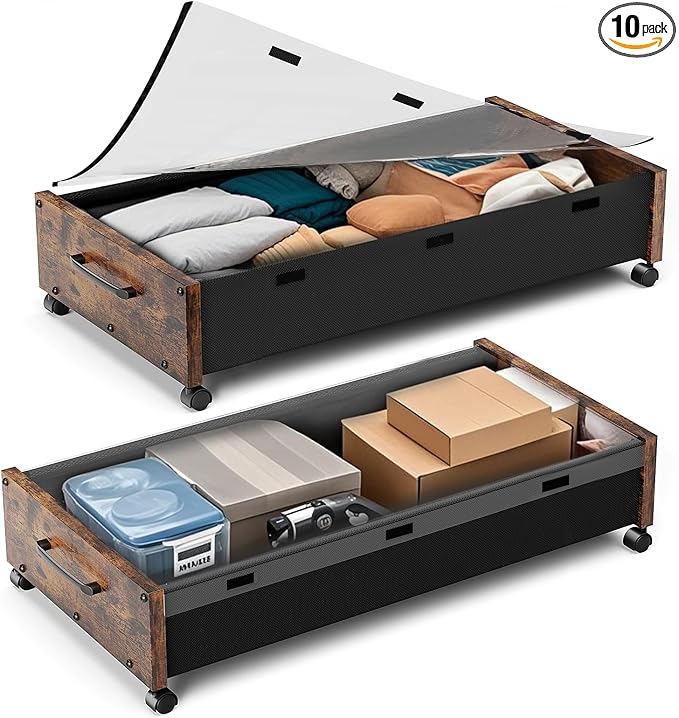 KITHELP Wooden Under Bed Storage with Wheels, 80L Extra-large Rolling Under the Bed Storage Bins 2 Pack with Removable Lid, U