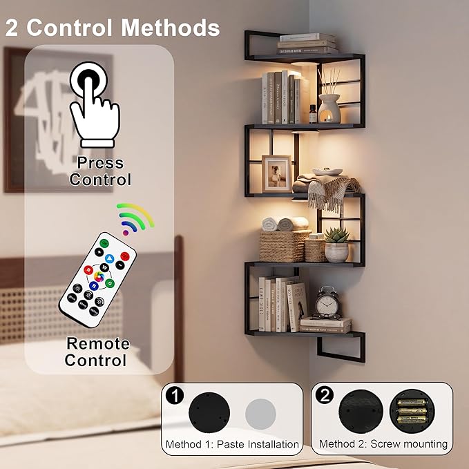 Corner Floating Shelves with Lights - 5 Tiers Corner Shelf Wall Mounted, Bookshelf with LED Light, Floating Shelves for Wall,