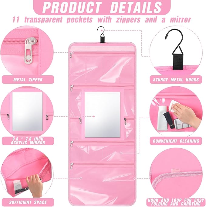 Hanging Toiletry Bag with Mirror for Men Women Travel Kit Large Foldable Beauty Dance Makeup Bag Organizer Storage Waterproof