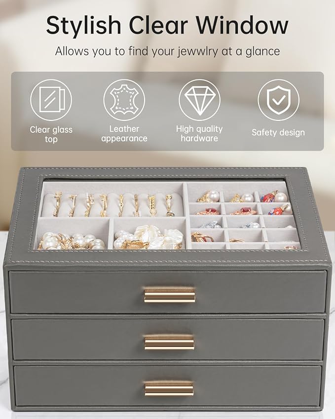 AKOZLIN Jewelry Box with Clear Lid Functional Leather Jewelry Storage Organizer Case 3 Drawers for Women Girls Necklace Ring 