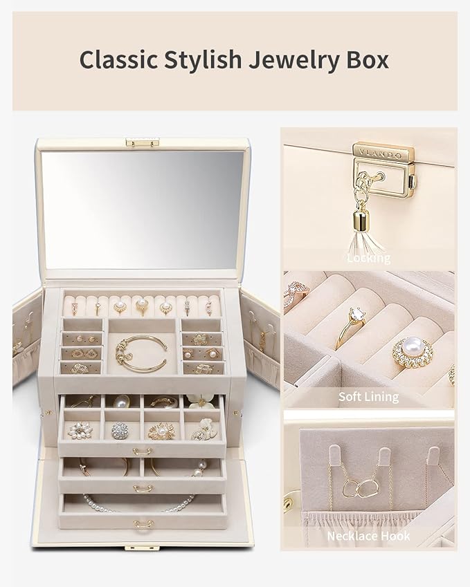 Vlando Jewelry Box for Mothers Day Teacher Appreciation Gifts, 4-Tier Jewelry Organizer with Lock, Mirror Jewelry Box for Ear