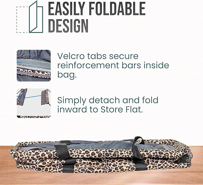 Extra Large Utility Tote Bag - Oversized Collapsible Reusable Wire Frame Rectangular Canvas Basket With Two Exterior Pockets For Beach, Pool, Laundry, Car Trunk, Storage - Leopard