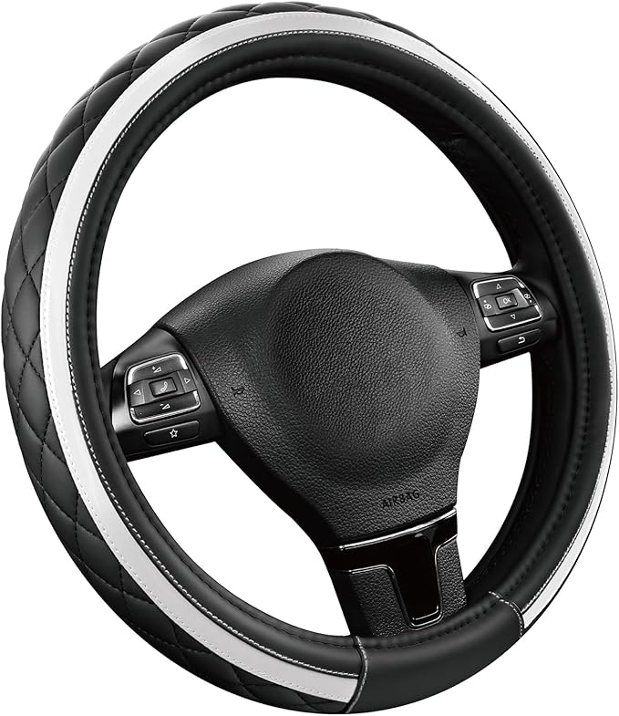 Road Comforts Leather Steering Wheel Cover – Black & Silver, Universal Fit 14.5-15 Inch, Microfiber Leather, Anti-Slip & Brea