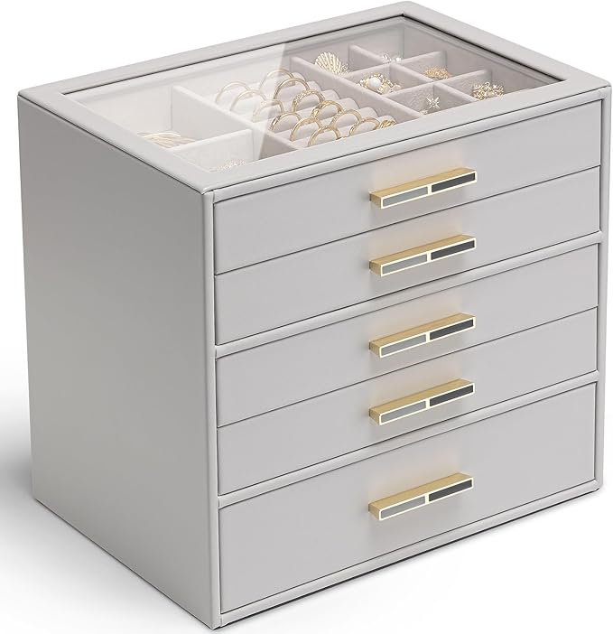 Vlando 5 Layer Jewelry Box for Women, Glass Lid Jewelry Organizer with 5 Drawers for Necklaces Rings Earrings Bracelets - Gre