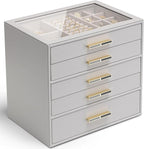 Vlando 5 Layer Jewelry Box for Women, Glass Lid Jewelry Organizer with 5 Drawers for Necklaces Rings Earrings Bracelets - Gre
