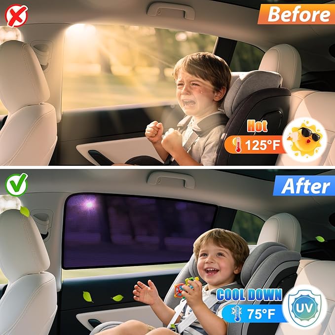 ZATOOTO Tesla Model Y Rear Car Window Shades | Bluish-Purple Static Cling Car Sun Shade | Enhanced Sun Filtering & Heat Reduction | Specific for Frameless Doors | Car Window Shade for Baby & Passenger