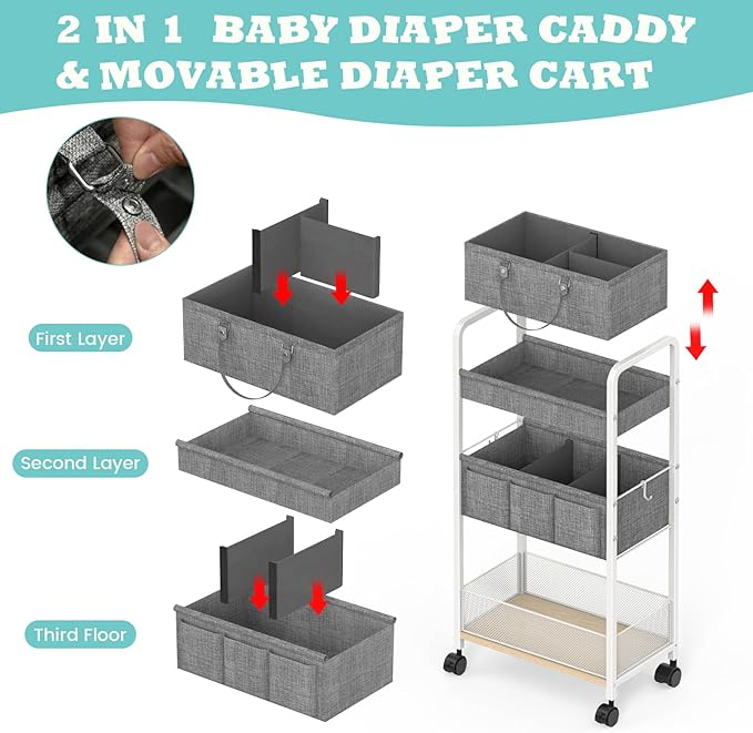 2In1 Baby Diaper Caddy & 3-Tier Rolling Diaper Cart, Diaper Caddy Organizer Cart with Dividers, Metal Detachable Bedside Cart
