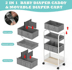 2In1 Baby Diaper Caddy & 3-Tier Rolling Diaper Cart, Diaper Caddy Organizer Cart with Dividers, Metal Detachable Bedside Cart