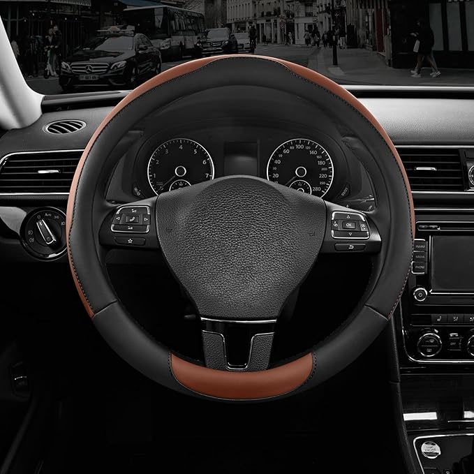 Road Comforts Steering Wheel Cover, Breathable Anti-Slip Leather Steering Wheel Cover, Universal Fit 14.5–15 Inch, Comfortabl