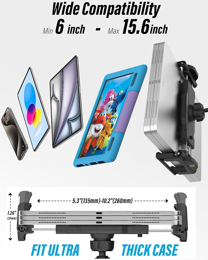 woleyi Car Rearview Mirror Tablet Holder Clip - [Metal Arm] Rear View Mirror Tablet Mount for Car Accessories with 360 Rotatable and Retractable for iPad Pro 13 Air Mini, Galaxy, Fire, 6-15.6" Devices