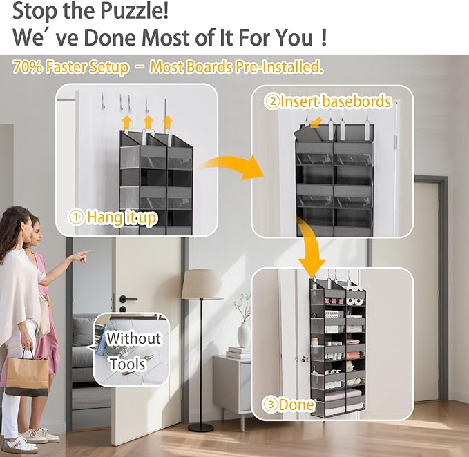 Over The Door Organizer with 5 Shelves, 9 Compartments + 10 Side Pockets, 90+ lbs Weight Capacity, Heavy-Duty Behind the Door