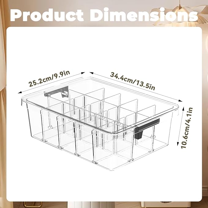 Socks Bra Underwear Drawer Organizer for Closet, 2 PCS Plastic Storage Box with 15 Removable Compartments and Lid, Clear Dres