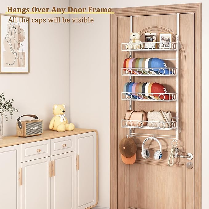 Over Door Hat Organizer 5 Tier Wall Mounted Hat Rack with 4 Adjustable Metal Basket and 3 Hooks Hat Organizer for Baseball ca