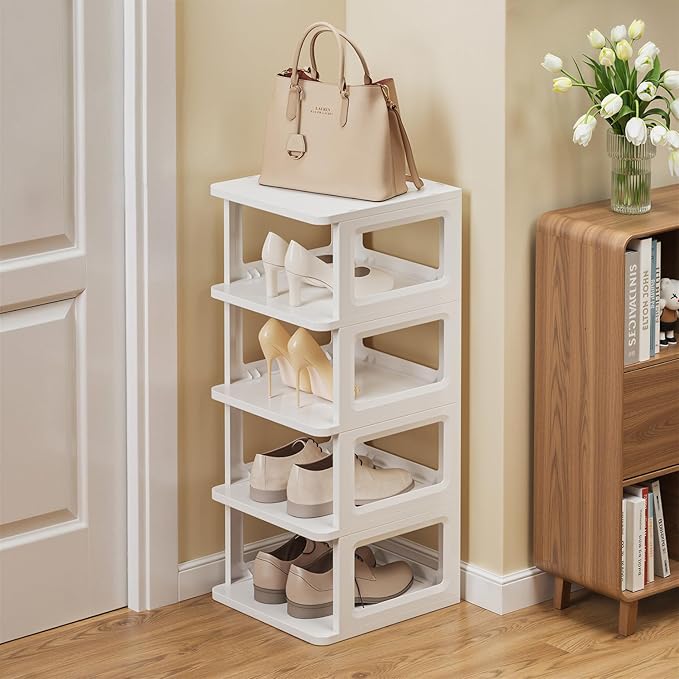 SEE SPRING 5-Tier Stackable Shoe Rack Organizer – Plastic Shoe Storage Shelf for Entryway, Closet, Bedroom – Holds Size 13 Sh