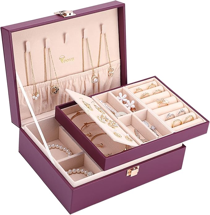 Voova Jewelry Box Organizer for Women Girls, 2 Layer Large Men Jewelry Storage Case, PU Leather Display Jewellery Holder with