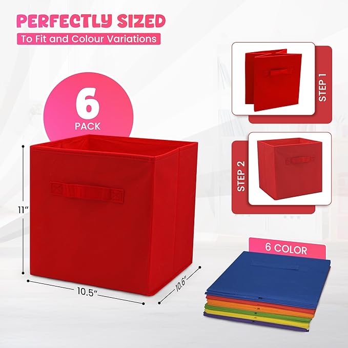 4E's Novelty 6 Packs 11 Inch Rainbow Color Storage Cube Bins, Colorful Storage Baskets For Nursery, Kids Room, Fabric Baskets