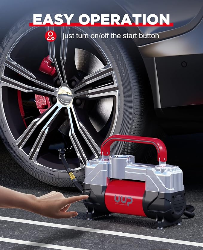 Tire Inflator Air Compressor, 150PSI 12V DC Double Cylinders Heavy Duty Portable Air Pump w/Emergency LED Light for Truck, SUV, Car, RV (red)