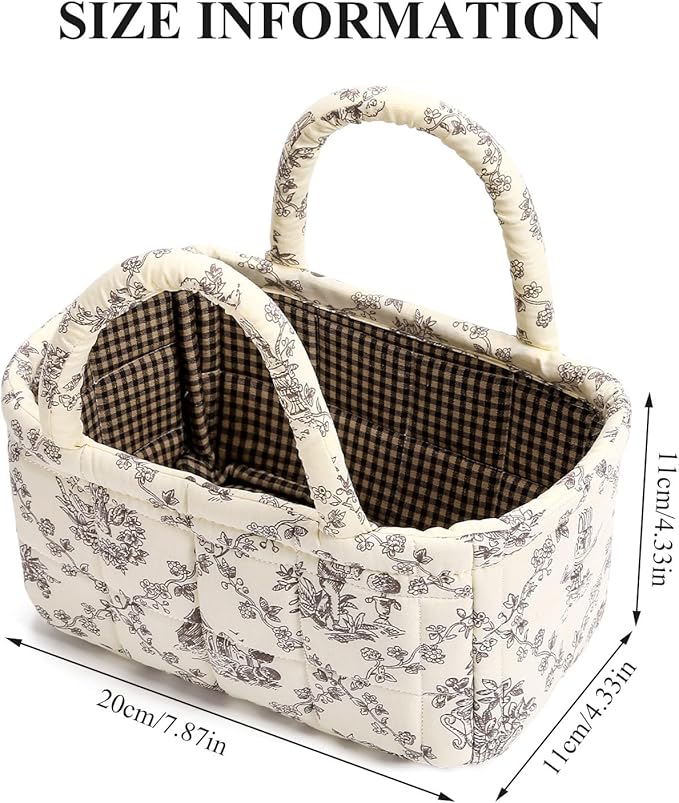Small Storage Basket Organizer, Mini Fabric Floral Storage Baskets with Handle, Quilted Portable Collapsible Storage (Vine-Co