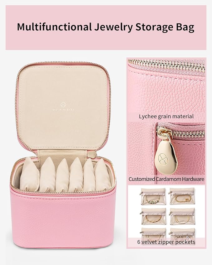 Vlando Travel Jewelry Box for Women,Faux Leather Jewelry Case with 6 Velvet Jewelry Zipper Pockets,Gift Ideas for Women Wife 