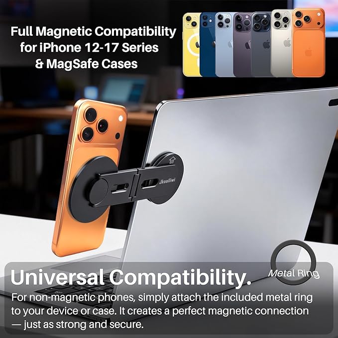 2026 Upgraded Magnetic Phone Holder for Laptop & Monitor, Foldable Hidden Continuity Camera Mount for MagSafe iPhone 17/16/15/14/13/12, Adjustable Phone Stand for Computer/Tesla, Black