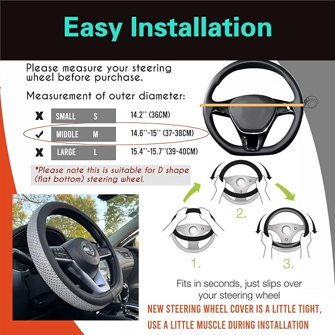 PINCTROT D Shaped Bling Comfy Steering Wheel Cover with Jumbo Crystal Rhinestones, Anti-Slip Diamond Leather, Flat Bottom 14.5-15 Inch (Silver)