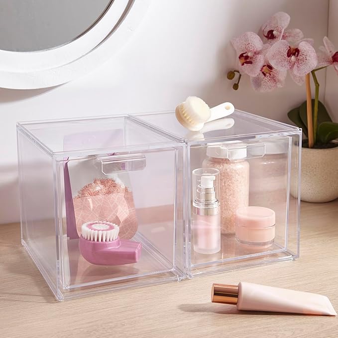 STORi Audrey Stackable Bin Clear Plastic Organizer Drawers | 2 Piece Set | Organize Cosmetics and Beauty Supplies on a Vanity