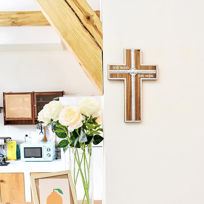 Wall Cross Retro Catholic Wooden Hanging Crosses Baptism with Metal Spiritual Religious Cross with Hook Silver Edge Blessed L