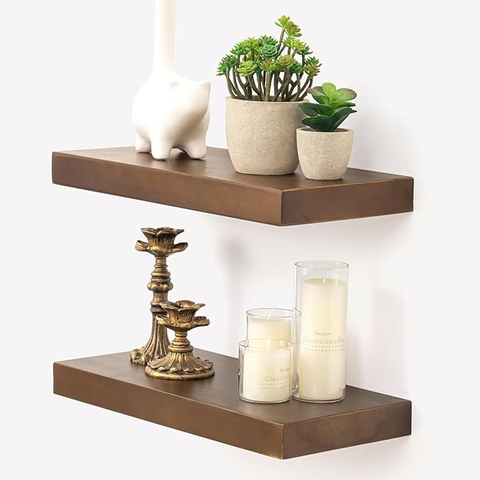 Marsmiles Wood Floating Shelves | Rustic Dark Wood Wall Shelves Set of 2 | 16" W x 7.7" D x 1.6" H Dark Wooden Shelves for Ba