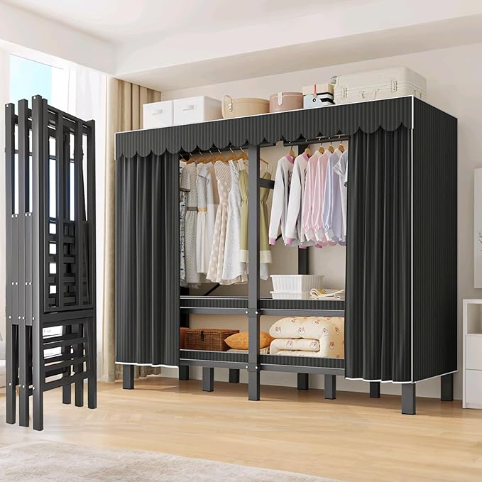 95.3in Heavy Duty Clothe Rack with Cover Load 1200lbs Foldable Portable Wardrobe Closets for Hanging Clothes Freestanding Clo
