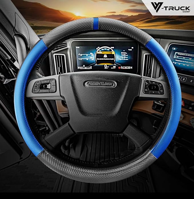 18-Inch Genuine Leather Steering Wheel Cover for Semi Trucks – Blue with Black Carbon Fiber Imitation, Heavy-Duty Non-Slip Grip, Universal Fit, Easy Installation