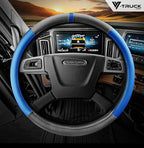 18-Inch Genuine Leather Steering Wheel Cover for Semi Trucks – Blue with Black Carbon Fiber Imitation, Heavy-Duty Non-Slip Grip, Universal Fit, Easy Installation