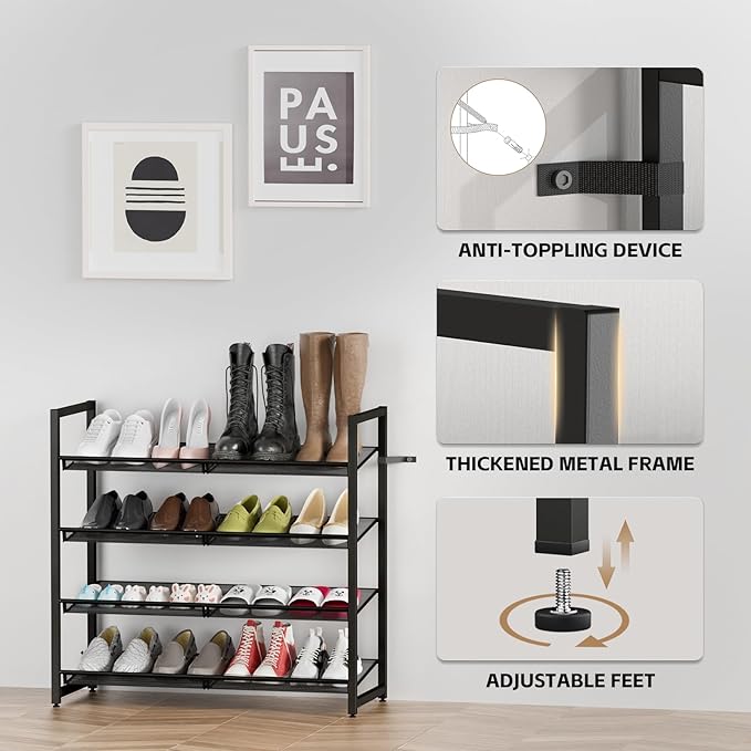 Metal Shoe Rack for Closet,entryway, 4-Tier Shoe Organizer, Adjustable Flat or Angled Shelves, Holds up to 20 Pairs Shoes, Bl