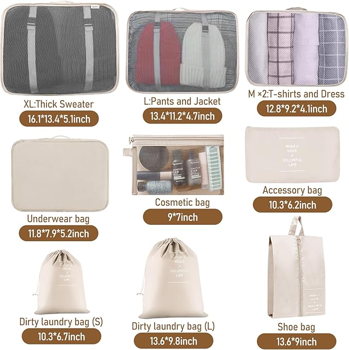 Packing Cubes for Travel-10 Set Luggage Organizer Bags for Family, Mesh Breathable Packing Cubes for Suitcases Durable Travel