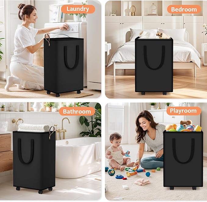 SpaceTrove Laundry Basket with Wheels, Collapsible Laundry Baskets, Laundry Hamper with Handles Detachable Wheels, Rolling La