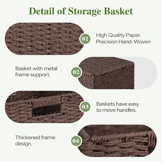 Woven Wicker Storage Baskets 2-Pack, 11x11 Handwoven Paper Rope Organizer Bins, Foldable Cube Storage Cubes with Built-in Han