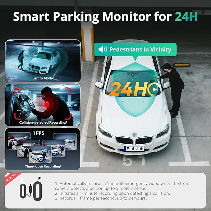 BOTSLAB 3 Channel Dash Cam 4K with ACC Hardwire Kit & 128GB TF Card, 3.18" Touch Screen, Voice Control, 4K Front and 1080P Re