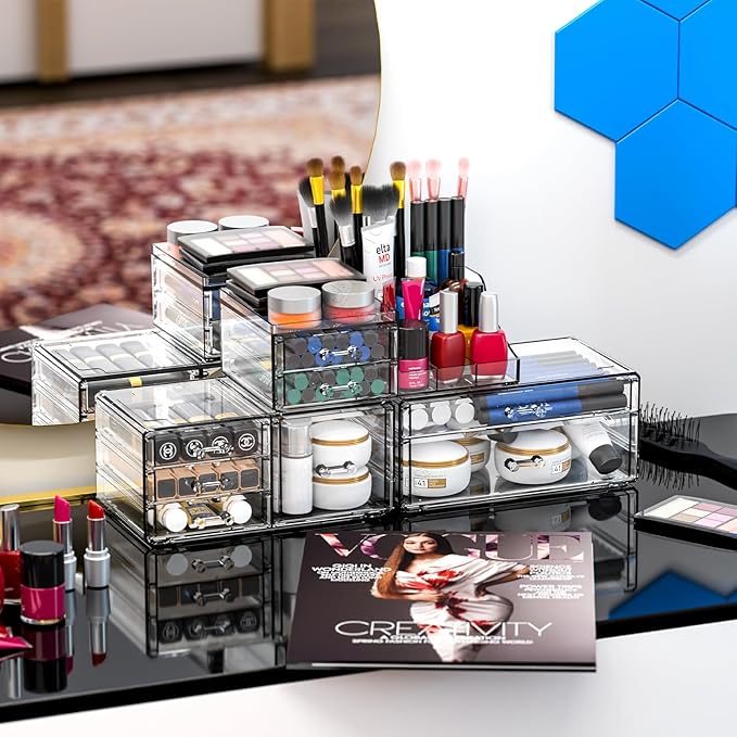 Acrylic Clear Makeup Organizer Countertop,Stackable Skincare Organizer for Vanity With 8 Drawers,Large Plastic Desk Accessori