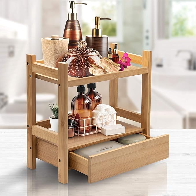 Sorbus Bamboo Bathroom Counter Organizer – 2-Tier Shelf with Hidden Drawer for Vanity, Matcha Station, Bathroom Sink Organize