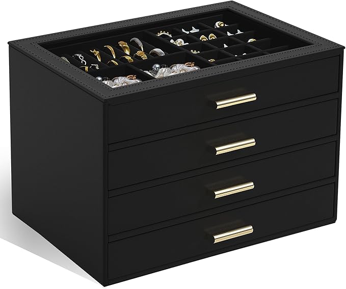 AKOZLIN Jewelry Box with Clear Lid Functional Leather Jewelry Storage Organizer Case 4 Drawers for Women Girls Necklace Ring 