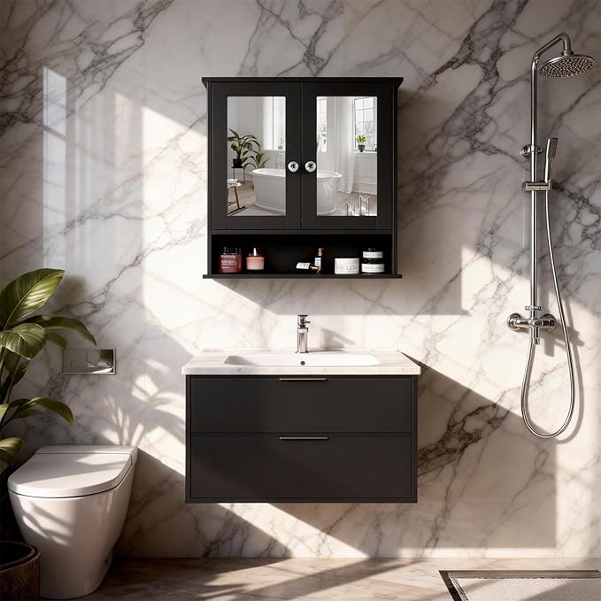 VINGLI Black Medicine Cabinet with Mirror, Wall Mounted Bathroom Cabinet with Open Shelf, 2-Door Hanging Storage Organizer Ov