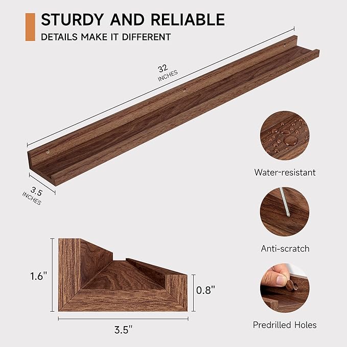 Fun Memories Picture Ledge Shelf, 32 Inch Floating Shelves Set of 2, Large Nursery Book Shelves for Toys Storage, Kids Booksh