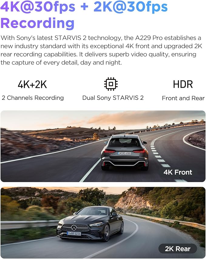VIOFO A229 Pro 4K HDR Dash Cam, Dual STARVIS 2 IMX678 IMX675, 4K+2K Front and Rear Car Camera, 2 Channel with HDR, Voice Cont