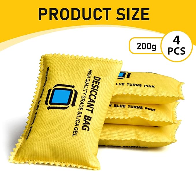 4Pcs Silica Gel Packets for Storage, 200g Each Color Indicating Dehumidifier Bags, Reusable Desiccant Packs for Closets,